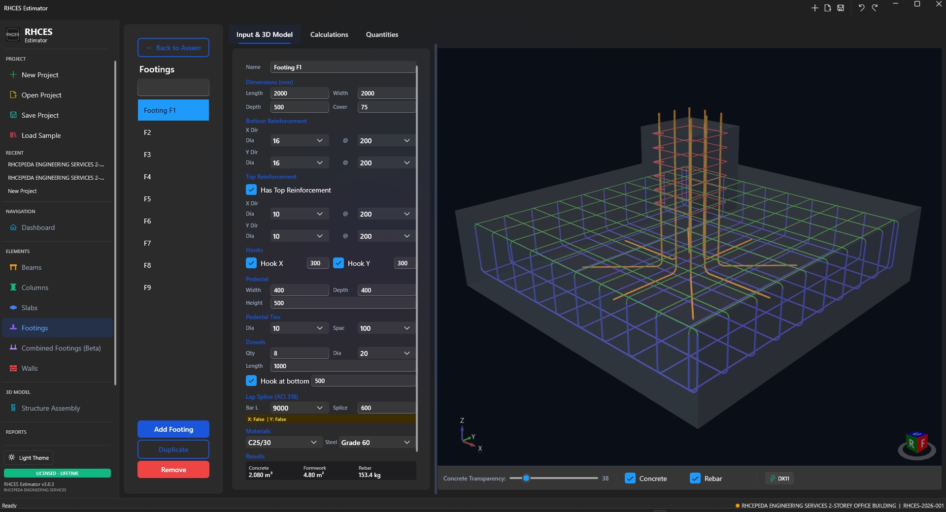 Footing design output
